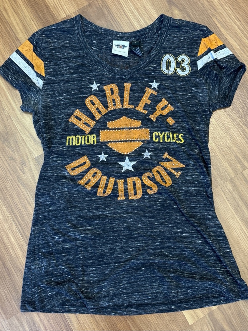 Harley-Davidson Heathered Black Tee with Gold Logo & Sleeve Stripes